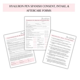 Spanish Hyaluron Pen Intake, Consent, Aftercare Forms 75 pk, 25 of Each 8.5 x 11” Hyaluronic Needless Lip Filler Client Signature Pack Forms in Spanish