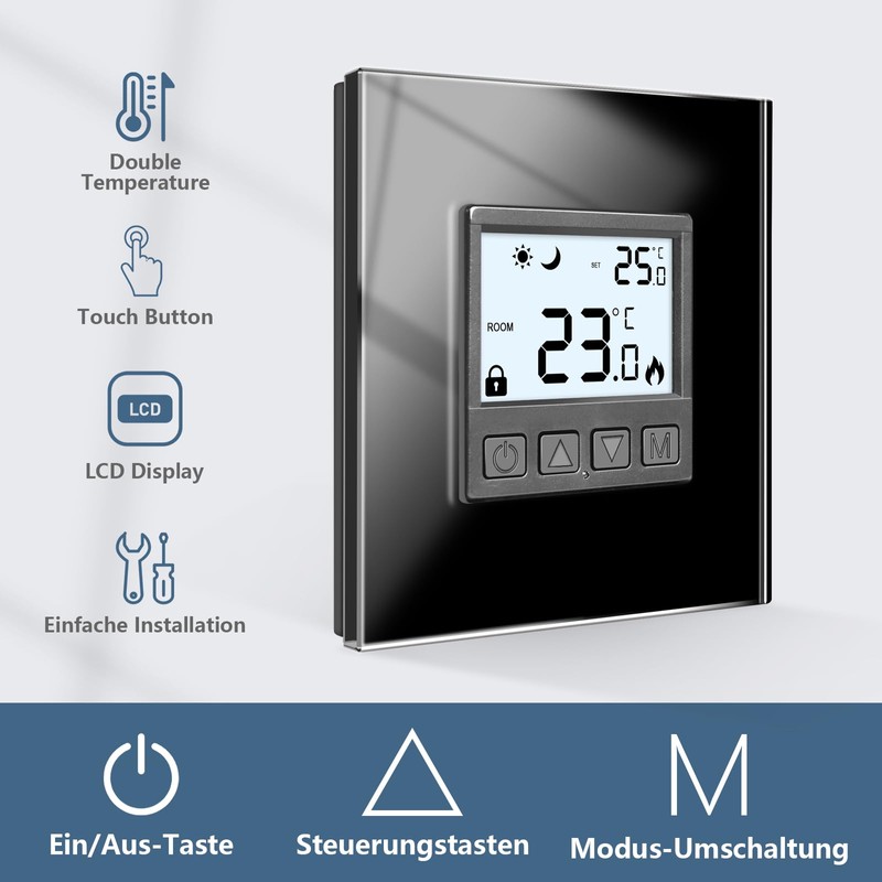 CNBINGO Flush-Mounted Digital Thermostat with Crystal Glass Frame for Drive