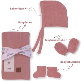 Little Dedi Velvety Soft 6 Piece Gift Set for Newborn Babies - Pink, Includes: 1 x Knitted Blanket with Pointelle Pattern 80 x 100 cm, 1 x Baby Hat, 1 Pair of Gloves and 1 Pair of Booties - Oeko-Tex