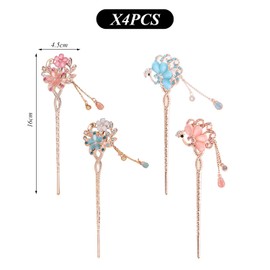 4 Pieces Retro Tassel Hair Pins, Exquisite Flower Hairpins, Chinese Hair Accessories, Rhinestone Pendant Hairpins, Women Hairpins, Hair Fixing Decorations