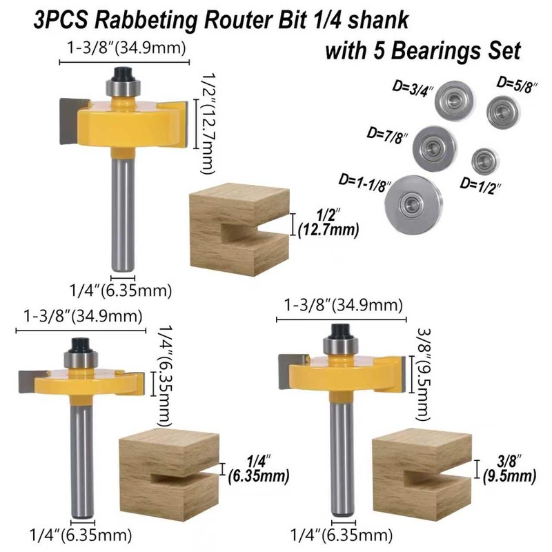 1/4 Inch Shank Rabbet Router Bit Set, 3 Pieces Carbide