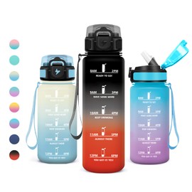 JAPORIA Borraccia con Cannuccia 1L, Borraccia Motivazionale, Senza BPA, Bottiglia Acqua con Scala Temporale, A Prova di Perdite, per Palestra, Outdoor, Viaggi, Sport