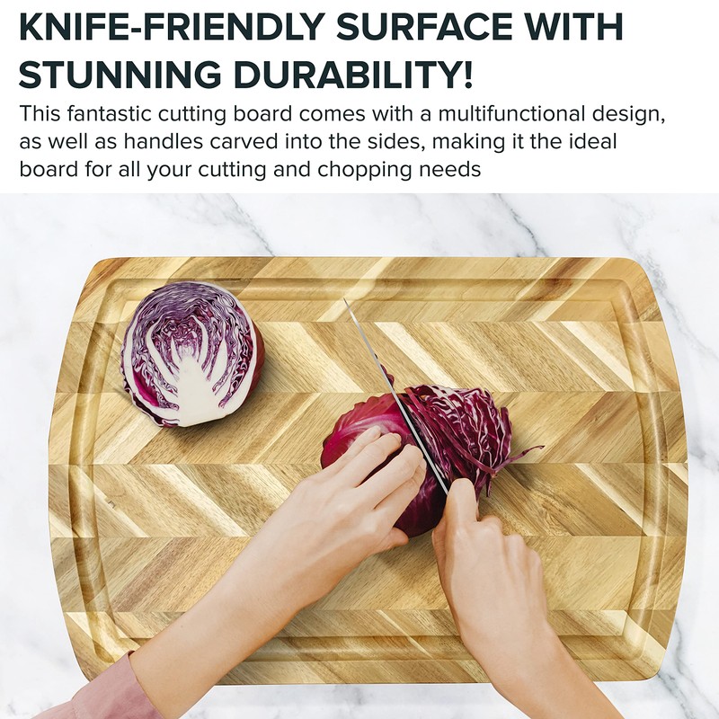 Acacia Rect. Herringbone design Chopping board, side grooves, deep well,