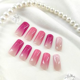 Square Press on Nails Medium Fake Nails with Gradient Designs French Tip Nails Press ons Glossy Glue on Nails Pink False Nails White Acrylic Nails Cute Stick on Nails for Women 24Pcs