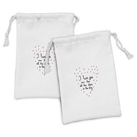 Ambesonne I Love You More Fabric Pouch Set of 2, Hand Written Valentine's Day Letters with Stars in Shape of a Heart, Small Drawstring Bag for Toiletries Masks and Favors, 9" x 6", Red Grey White