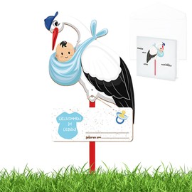 88 cm Rattling Stork Set for Birth Baby, Stork Birth for Outdoor Set, Welcome Home Baby, Wooden Stick + Name Plate + Greeting Card, Baby Gifts for Birth Boy, for Outdoor and Indoor Use