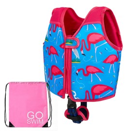 Go Swim Float Vest - *Includes Free Swim bag* Fixed Buoyancy Childrens Swim Jacket With Safety Strap. (Fab Flamingos, Small)