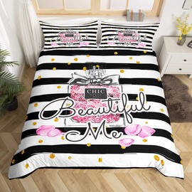 Manfei Fashion Girly Duvet Cover Set Twin Size, Pink Cosmetics Print Comforter Cover with 1 Pillowcase, Black White Stripe Print Bedding Set 2pcs for Kids Girls Teens Bedroom Decor, Modern Bedspread