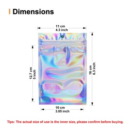 Alibasics 100 Pcs Holographic Bags, Rainbow Color Mylar Smell Proof Resealable bags, Zipper zip lock Bags, Flat Clear Aluminum Foil Bags(11x16cm / 4.3 x 6.3 Inch)