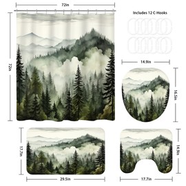 BayNook 4PCS Dark Green Misty Forest Bathroom Sets with Shower Curtain and Rugs, Rustic Woodland Shower Curtain Sets with Rugs, Nature Mountain Landscape Bathroom Curtains Shower Set