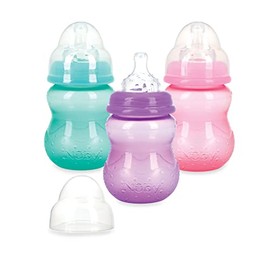 Nuby Paquete de 3 botellas sin goteo de cuello ancho de 8 onzas, pezones de silicona suave, sin BPA, 0+M, aguamarina, rosa, morado