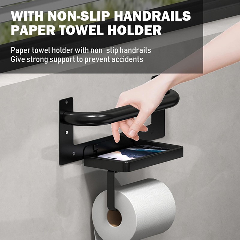 Toilet Paper Holder with Assist Bar - Matte Black Bathroom