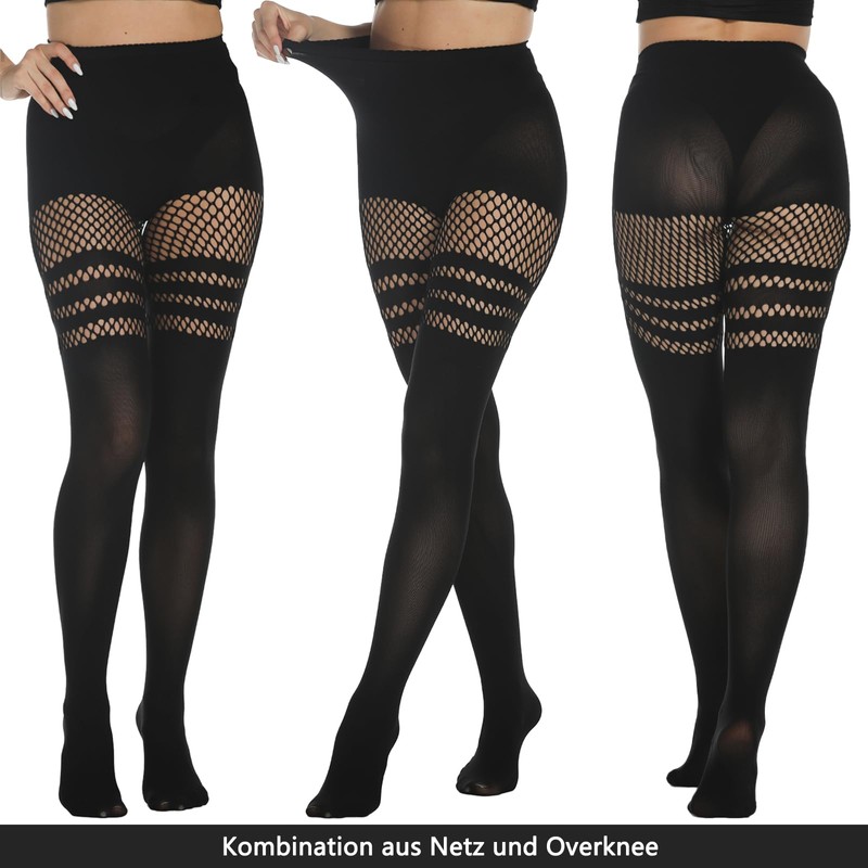MANZI Fishnet Tights Women's Black Opaque Overknee Stockings Fishnet Tights
