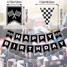 MEETINGU Black and White Checkered Flags and Race Car Happy Birthday Banner, Racing Checkered Flag Banner Race Car Birthday Party Decorations for Kids Boys Birthday Baby Shower Home Decorations