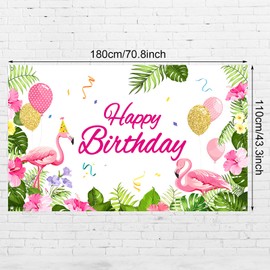 Happy Birthday Banner Flamingo Themed Party Decoration Backdrop Flamingo Banner Party Supplies Tropical Floral Photo Booth Hawaiian Themed Party Decoration for Luau Beach Party, 70.8 x 43.3 Inch