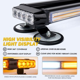 Xprite White Amber COB LED Rooftop Strobe Flashing Light Bar Double Side 21" High Visibility Emergency Hazard Warning Beacon Lights w/Magnetic Base for Safety Vehicles Tow Trucks Pickup Cars Snowplow