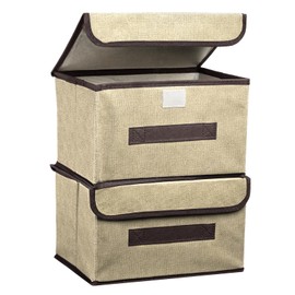 PATIKIL Fabric Collapsible Storage Bin 10.2 x 7.5 x 6.3 Inch, 2 Pcs Foldable Storage Box Cube with Lids and Handle Organizer Container for Home Bedroom Closet Clothes, Beige