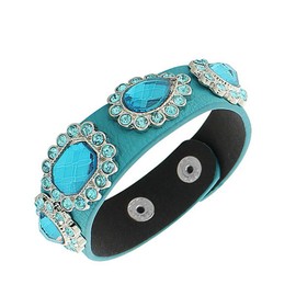 My Daily Styles Faux Blue Leather Silver-Tone CZ Snap Wristband Womens Bangle Bracelet