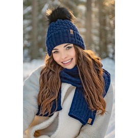 VIVISENCE Trendy women's winter bobble hat with soft fleece inner lining, made of warm yarn, anti-static properties, perfect fit for cold winter days, fashionable design, darkblue