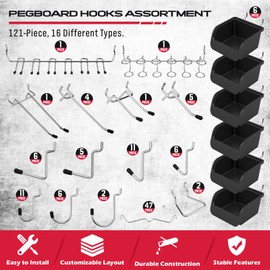 Ultimate 121-Piece Pegboard Hooks Set, Pegboard Accessories with Metal Hooks, Durable Peg Board Organizer Accessories, Pegboard Bins, Peg Board Tool Utility Hooks