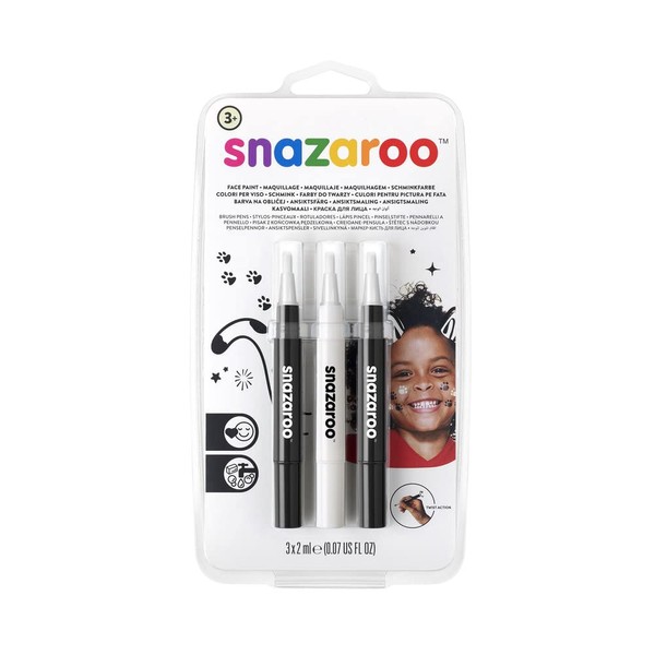 Snazaroo Brush Pens, Monochrome Pack of 3, Safe and Non-Toxic, Precision Brush Nib, for Ages 3+, Black and White (Packaging may vary)