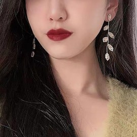 Gold Dangle Earrings for Women Dangling Leaf Bridal Earrings for Wedding Rhinestone Earrings Prom Evening Wear Sparkly Dangle Earrings for Party Stocking Stuffers for Women Christmas Gifts 2024