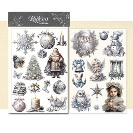 CATaireen Rub On Transfers Stickers 2 Sheets for Crafts Cloth Glass Acrylic Wood Furniture Small Vintage Junk Journal Supplies Scrapbooking Items Christmas Thanksgiving (Silvery Christmas)