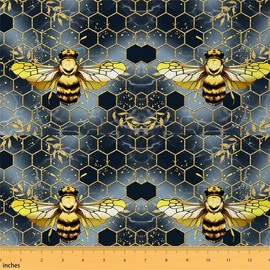 Honey Bee Fabric by The Yard, Geometric Honeycomb Marble Print Upholstery Fabric for Chairs, Modern Hexagon Cute Bee Decorative Fabric for Upholstery and Home DIY Projects, 3 Yards, Golden Blue