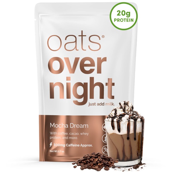 Oats Overnight - Mocha Dream - 20g Protein, High Fiber Breakfast Shake 100mg Caffeine - Gluten Free, Non GMO Oatmeal (2.7 oz per meal) (24 Pack)