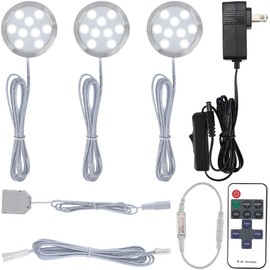 Meigour Plugged in Under Cabinet Round Puck Lighting Kit, 110V Electric Wired LED Closet Bookcase Lights, Remote Control Dimmable, 3-Way Octopus Junction Box Wiring, 3 Lights, Cool White