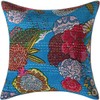 Indian Handmade Cotton Turquoise Kantha Fruit Print Threads Work Cushion