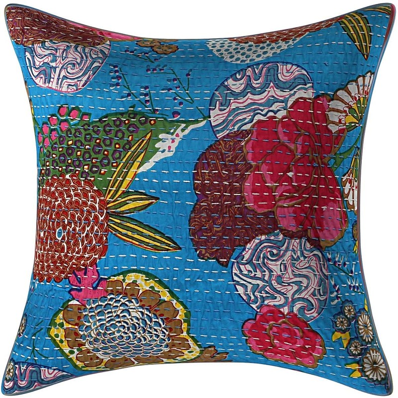Indian Handmade Cotton Turquoise Kantha Fruit Print Threads Work Cushion