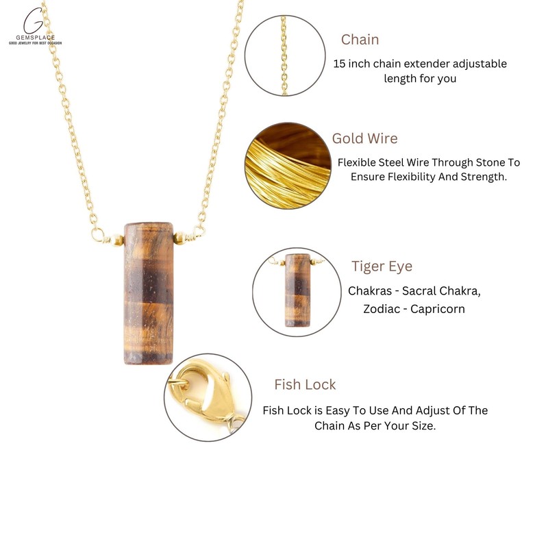 Tiger Eye Necklace, Healing Crystal Pipe Gemstone Pendant Necklaces, Natural