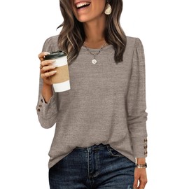 WIHOLL Womens Tops Dressy Casual Long Sleeve Shirts Chocolate Brown Fall Clothes Fashion 2025 Button Down Crewneck Tunic Sweaters Loose Fit Trendy Vacation Outfits Light Coffee S