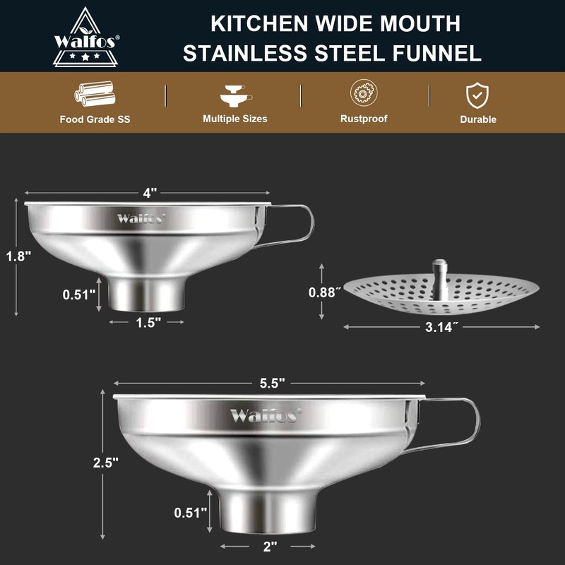 Walfos 5.5 Inch and 4 inch Stainless Steel Wide-Mouth Funnel