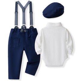 SALNIER Baby Boy Dress Suit Clothes Sets Infant Tuxedo Gentleman Suits Outfits Bowtie Shirt Suspenders Pants Beret Hat(Blue-whi,18-24 Months)