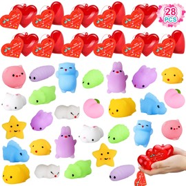 TOY Life Mochi Squishy Toys 28pcs Birthday Gifts for Kids Classroom with Filled Hearts & Birthday Cards Kawaii Squishies Fidget Toys for Party Favor Girls Boys