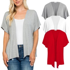 Free to Live 3 Pack Women's Dolman Short Sleeve Cardigan Lightweight Open Front Kimono Dressy Cover Up (XL, Heather Grey, Red, White)