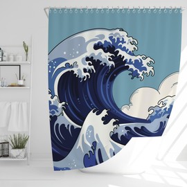 JJ PRIME - Japanese Wave Shower Curtain | Bathroom Shower Curtains Mould Proof Resistant 180x180cm | Waves Waterproof Shower Curtain | Blue Shower Curtain Anti Mould Shower Curtain(The Great Wave)