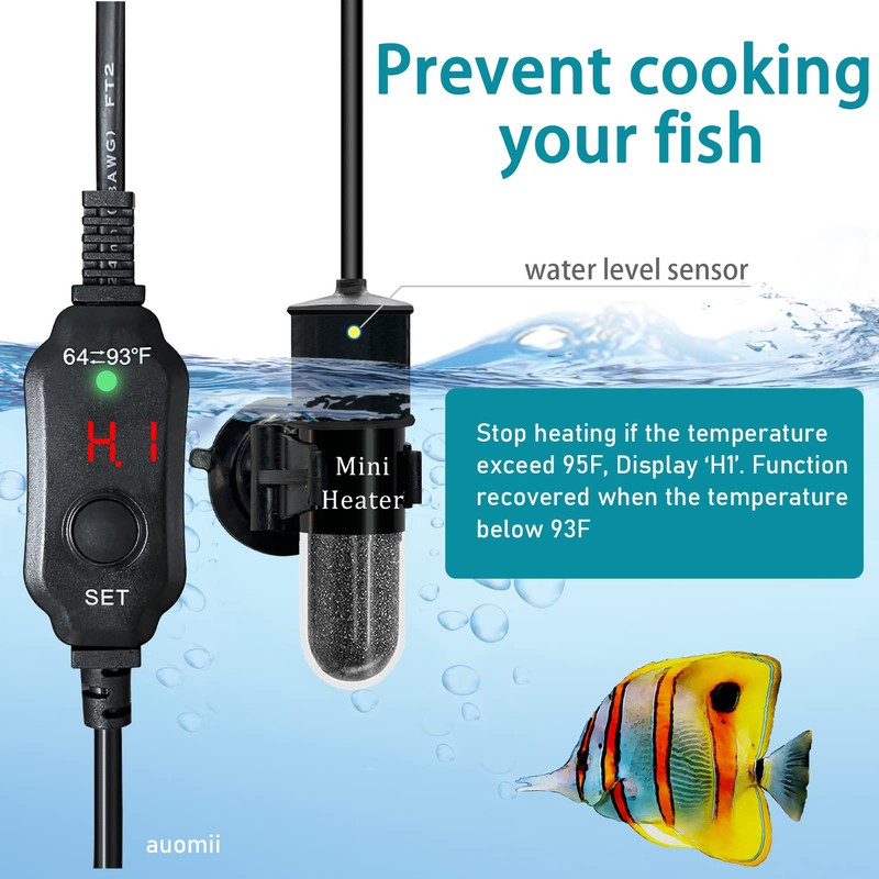auomii Mini Submersible Aquarium Heater, 25/30/50/100/150/200 Watts Adjustable Fish Tank