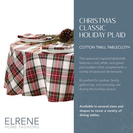 Elrene Home Fashions Christmas Classic Holiday Plaid Cotton Tablecloth, Holiday Table Decor, 70", Round