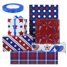 6 Sheet Blue Red White Patriotic Wrapping Paper,USA Flag Star and Stripes Wrapping Paper 4th of July Gift Wrap Paper with Blue Ribbon for USA Independence Memorial Day Gift Wrap,68x51 cm …