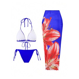 GORGLITTER - Traje de baño de 3 piezas para mujer, estampado floral, triangular, lazo lateral, conjunto de bikini con falda cubierta, Azul y rojo, Large