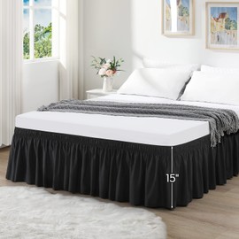RIMELA Black Bed Skirt King Size 15 Inch Drop, Elastic Bed Skirting for Bed Base and Frame, Bedding Dust Ruffle Easy to Install, Lightweight Wrap Around Adjustable Bedskirt