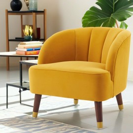 GDFStudio Upholstered Barrel Accent Chair,Velvet Club Chair Modern Single Sofa Side Chair,Modern Round Lounge Armchair with Wooden Legs for Living Room Bedroom Reading Room Office Orange