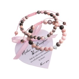 JSDDE Mother Daughter Bracelets Set Pink Zebra Crystal Stone Bracelet with Heart Charm for Women Girls Long Distance Wish Bracelets Jewelry Gift