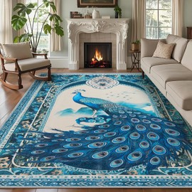 FLYRUGGO 8x10 Peacock Area Rugs for Bedroom, Modern Cute Animal Washable Indoor Rug for Living Room, Soft Large Non-Slip Carpet Floor Mat for Kids Nursery Playroom Home Office - Blue Peacock