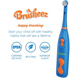 Brusheez Kid's Electric Toothbrush Set - Buddy The Bear - Includes Battery-Powered Toothbrush, 2 Brush Heads, Cute Animal Cover, Sand Timer, Rinse Cup & Storage Base