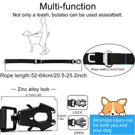 20” Strong Short Leash for Dog, Heavy Duty Bungee Dogs Leash with Padded Handle Car Seatbelt, Small Dog Training Leashs for Large or Medium Dogs - Can be Used with Other leashes (Black)