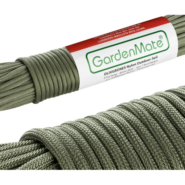 GardenMate Professional Nylon Outdoor Rope, Paracord 550, 31m Long, 4mm Thick, Tear-Resistant Kernmantle Rope with 7 Core Strands, Olive Green